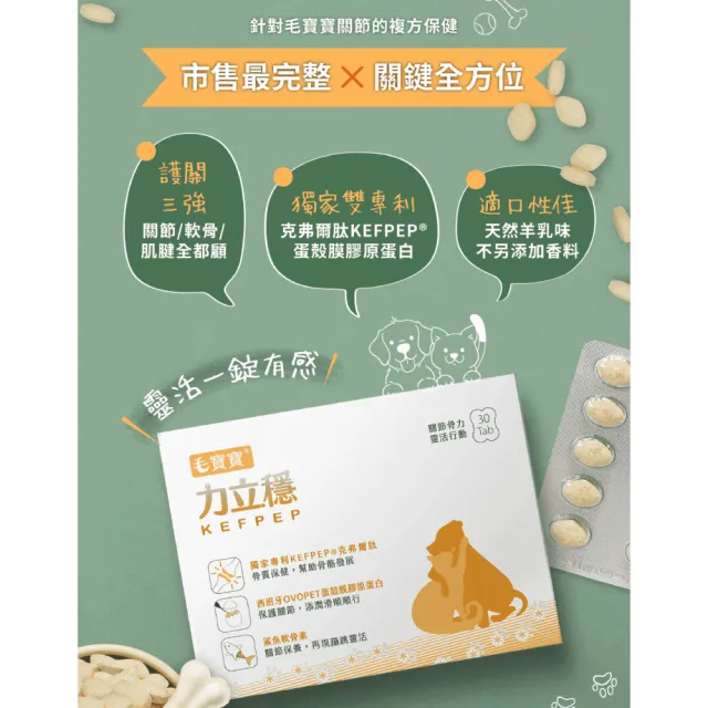 【中化健康生技】毛寶寶力立穩30錠×3盒｜關節骨力×一錠全方位(鯊魚軟骨素+專利克弗爾肽+蛋殼膜膠原蛋白)