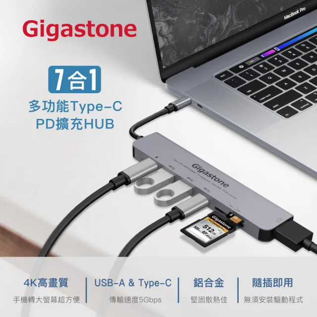 【GIGASTONE 立達】7合1多功能 100W PD充電 Type-C HUB集線器(HUB-P7/USB/Type-C/SD/HDMI/Micro SD)