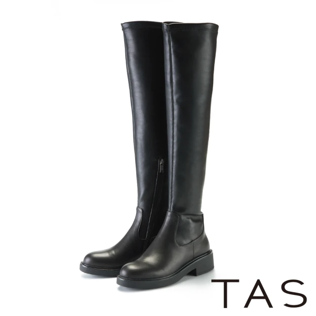 TAS 牛皮拼接彈力超纖低跟過膝靴(黑色)折扣推薦