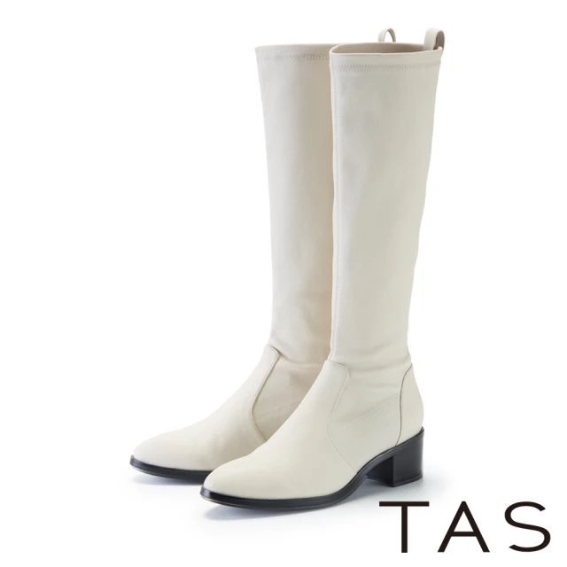TAS 彈力羊皮粗低跟長套靴(米色) 推薦