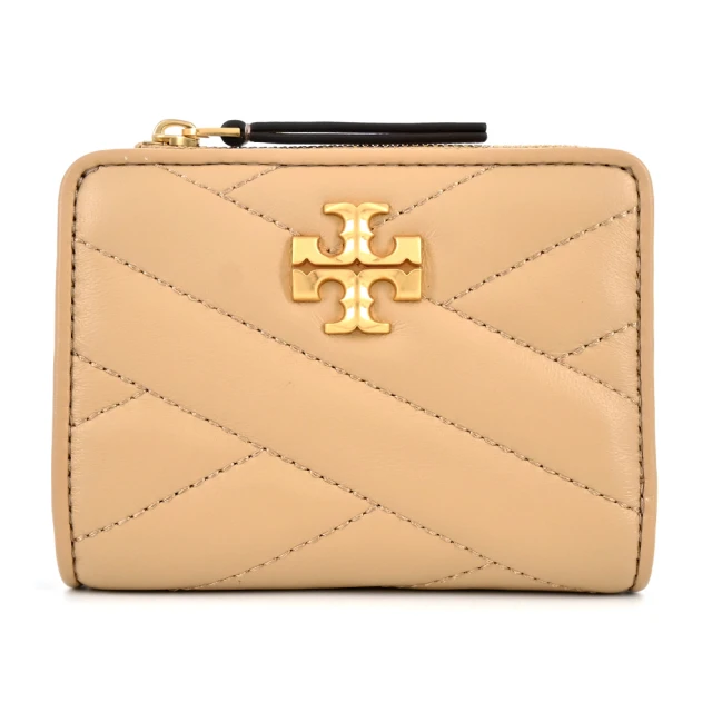 TORY BURCH KIRA 金字LOGO羊皮斜紋拉鍊零錢短夾(奶茶)