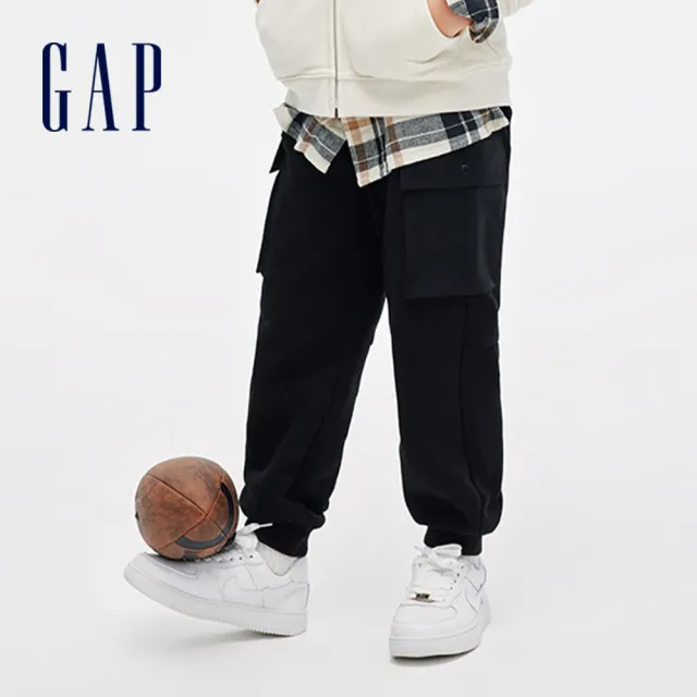 GAP】男童裝Logo刷毛束口鬆緊褲碳素軟磨系列-黑色(836793) - momo購物