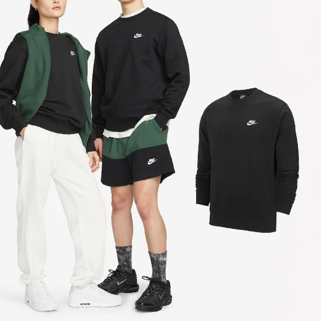 NIKE 耐吉 長袖 NSW Club 男款 黑 大學T 刷毛 基本款 刺繡 小勾 衛衣 上衣 情侶裝(BV2663-010)