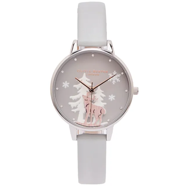 【Olivia Burton】鹿蹤雪地款式皮革手錶-淺灰色面/34mm(OB16AW02)
