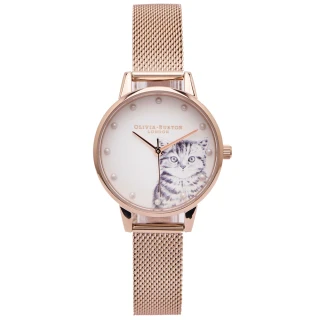 【Olivia Burton】Q萌貓咪款米蘭帶錶帶手錶-白面x銀灰色/30mm(OB16WL88)