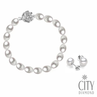【City Diamond 引雅】天然珍珠 手鍊 耳環 套組(珠潤月詠系列)