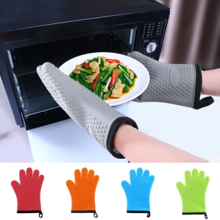 【KOTI 日安生活】五指型雙層耐熱矽膠廚房隔熱手套2入(內層厚棉烤箱微波爐防滑)