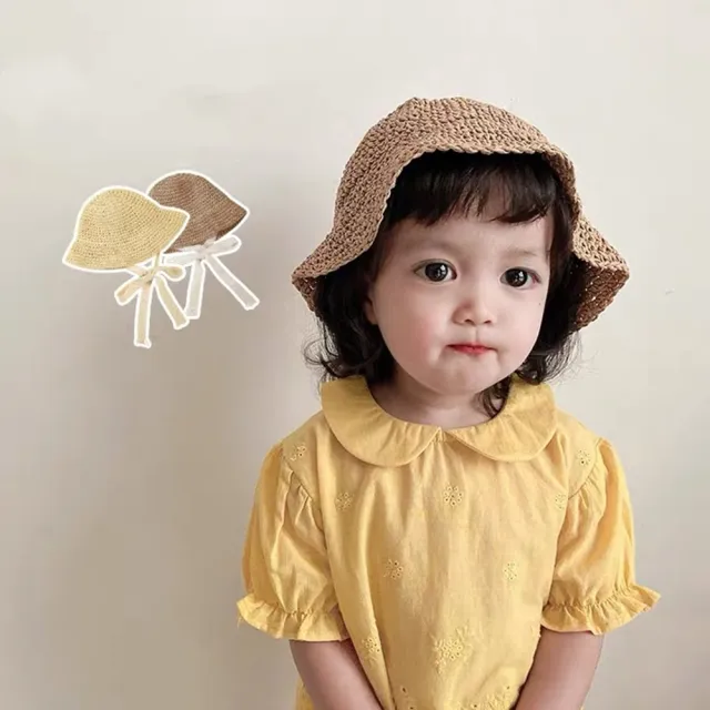 【Emi 艾迷】韓系 兒童寶寶蕾絲繫帶 夏日遮陽 草帽(幼童 兒童草帽)
