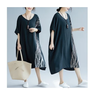 【JILLI-KO】買一送一 錯亂線條印花寬鬆連衣裙-F(黑/白)