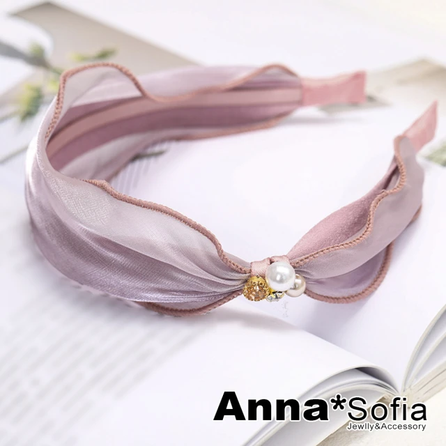 【AnnaSofia】韓式髮箍髮飾-絲光波邊側縮飾珠 現貨(藕粉系)