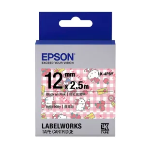 【EPSON】標籤帶 Kitty系列-蘋果款 粉紅底黑字/12mm(LK-4PBY)