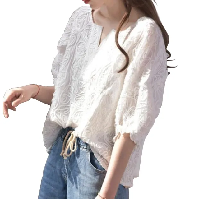 【Amay Style 艾美時尚】現貨 女裝 純白優雅氣質寬鬆蕾絲衫。加大碼S-2XL(白)