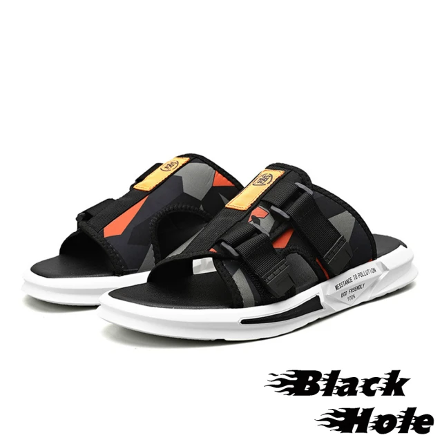 【Black Hole】個性魔鬼黏時尚色塊織帶拼接休閒運動風拖鞋-男鞋(黑橘)