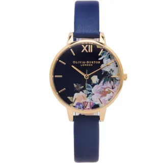 【Olivia Burton】花樣年華風采的皮革手錶-黑面x午夜藍色/34mm(OB16EG113)