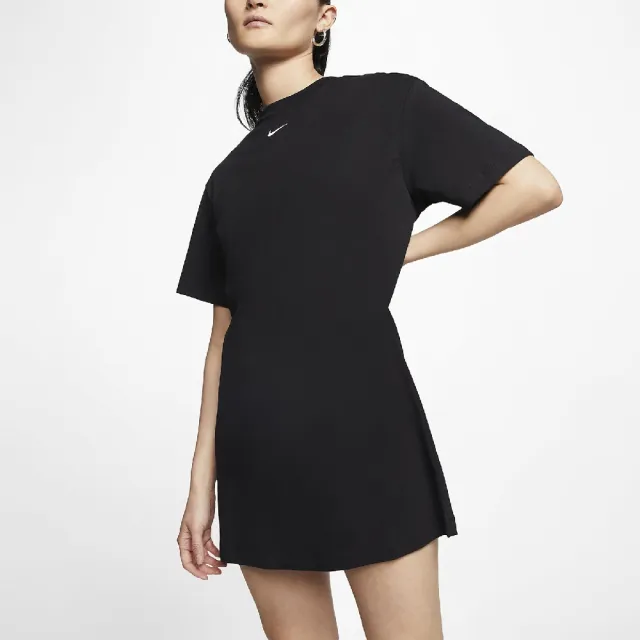【NIKE 耐吉】洋裝 NSW Essential Dress 女款 運動休閒 長版 基本款 圓領 穿搭 裙子 黑 白(CJ2243-010)