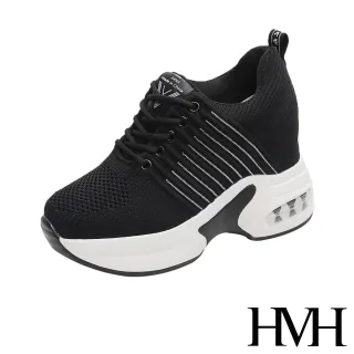 【HMH】時尚立體飛織撞色線條氣墊厚底內增高休閒鞋(黑)