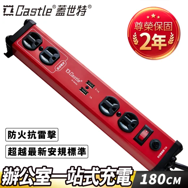 【Castle 蓋世特】1開4插2USB 鋁合金抗突波防火防雷保護插座 延長線 電源線-1.8M(閃耀紅)