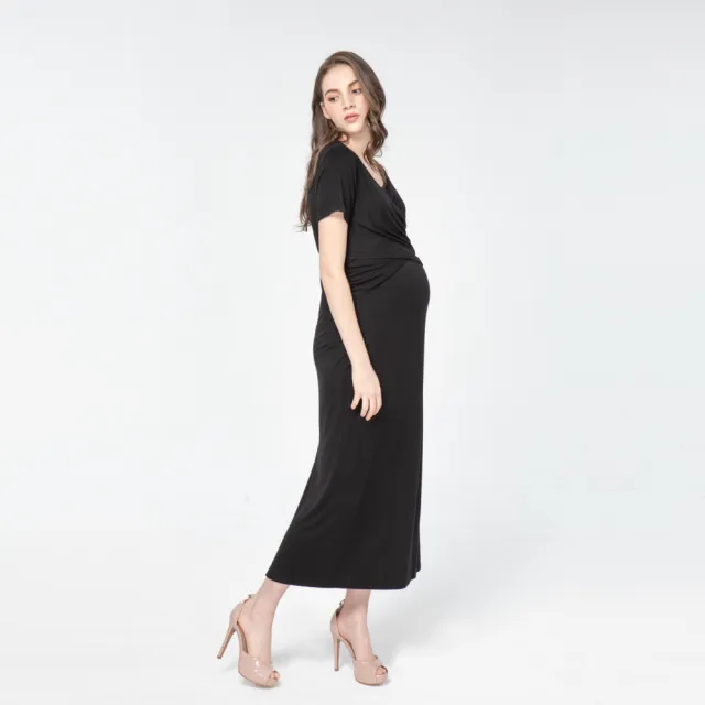 【Gennies 奇妮】彈力交叉哺乳洋裝-黑(哺乳衣 短袖哺乳衣 連身長裙 長洋裝 開衩 下拉哺乳)