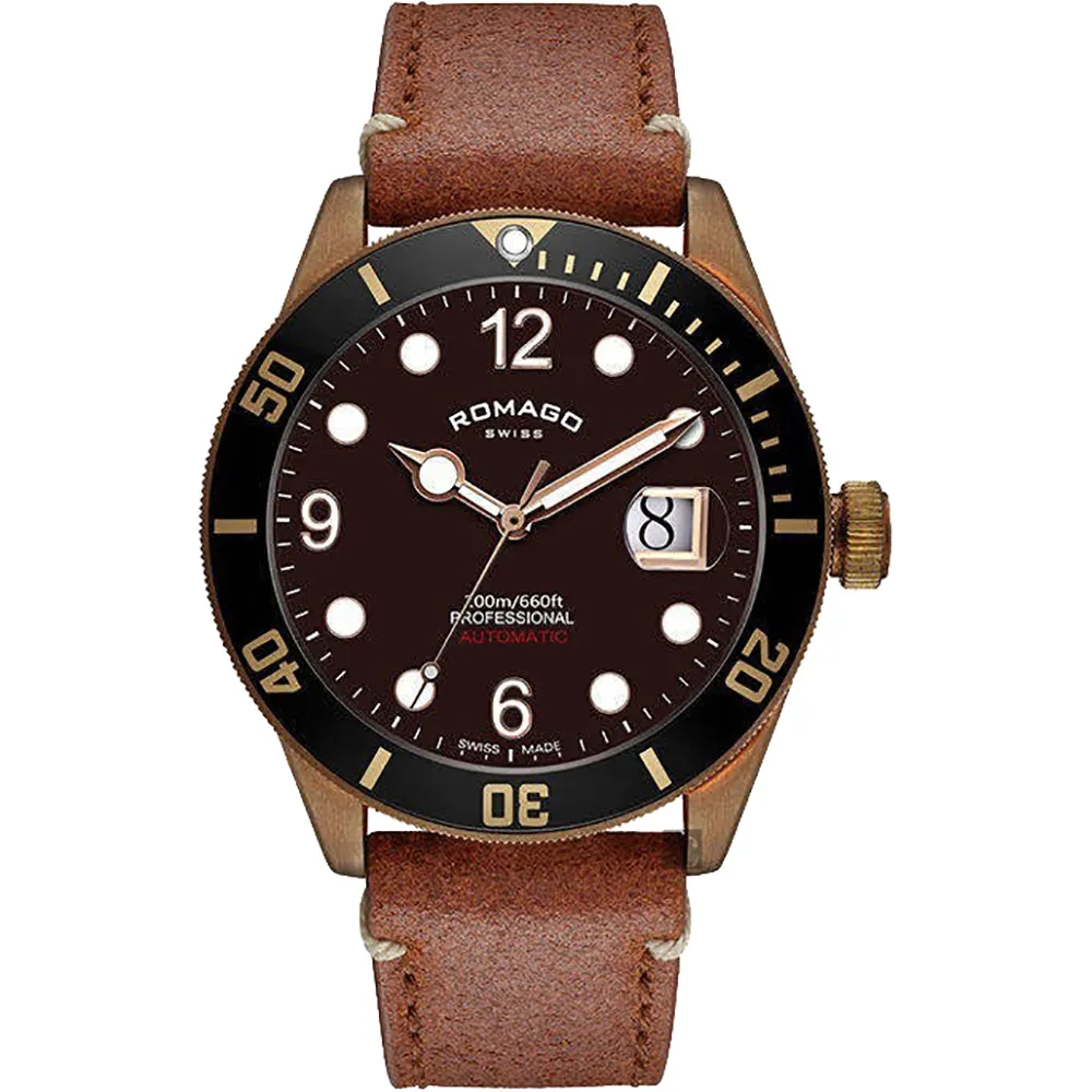 【ROMAGO】限量青銅錶 潛水機械錶-咖啡/42.5mm(RM106-BR)
