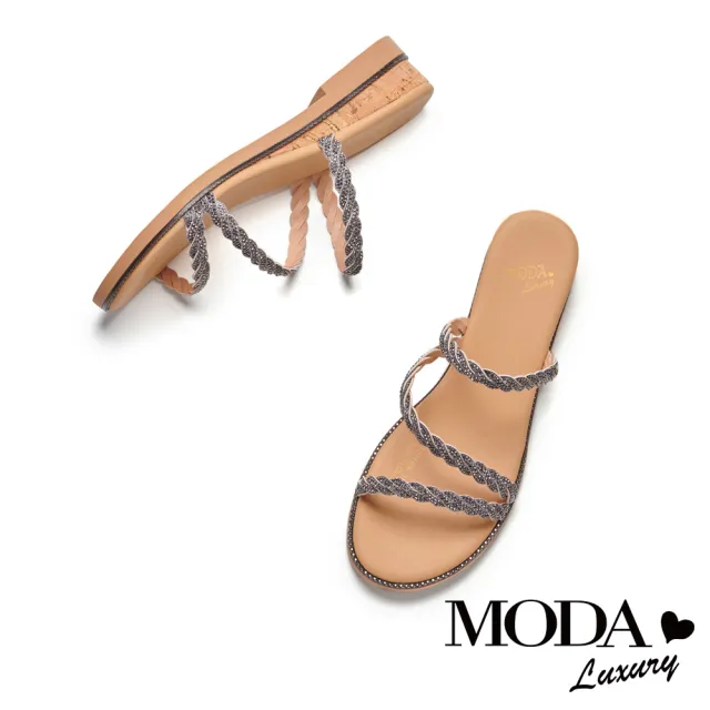 【MODA Luxury】異國度假風金蔥麻花繫帶楔型拖鞋(古銅)