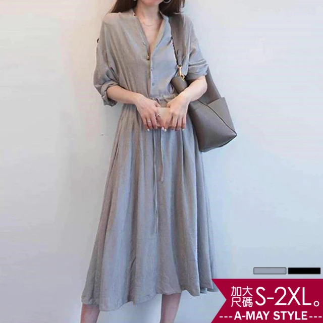 【艾美時尚】中大尺碼女裝 洋裝 歐風復古氣質收腰連身裙。M-2XL(2色。現貨+預購)