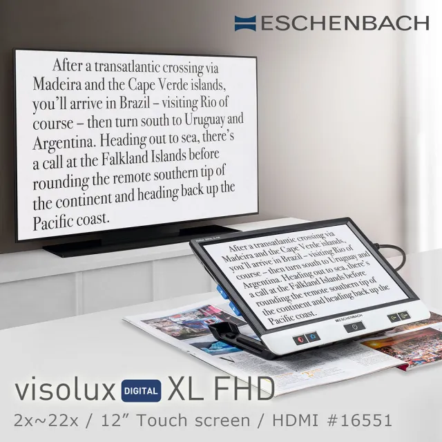 【Eschenbach】visolux DIGITAL XL FHD 2x-22x 12吋高畫質HDMI觸控可攜式擴視機 16551(公司貨)