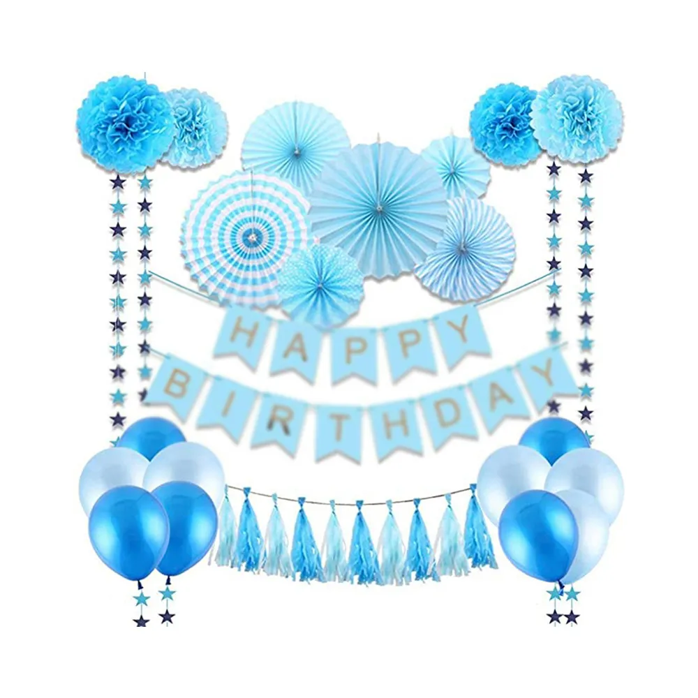 【WIDE VIEW】藍色生日佈置紙花扇氣球套組(附打氣筒 生日氣球 生日佈置 生日派對 派對氣球/BL-07)