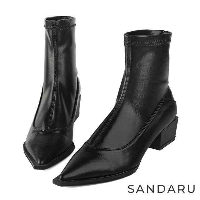 SANDARU 山打努 襪靴 歐美尖頭車線方跟短靴(黑)優惠