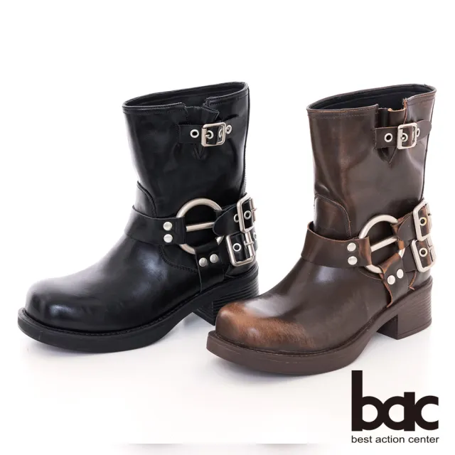 【bac】西部牛仔靴皮帶釦騎士中筒短靴(棕色)