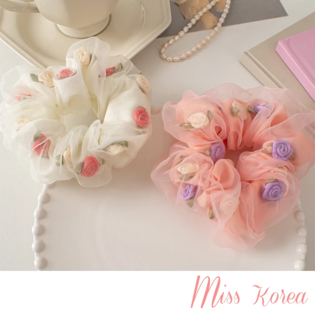 【MISS KOREA】玫瑰髮圈 雙層髮圈 網紗髮圈/優雅立體玫瑰雙層網紗造型大腸圈 髮圈(2色任選)