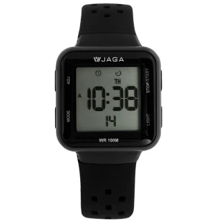 【JAGA 捷卡】方型電子 計時 鬧鈴 防水100米 透氣矽膠手錶 黑色 32mm(M1215-A)