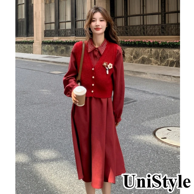 UniStyle 2件套V領背心長袖洋裝 法式復古顯瘦 女 