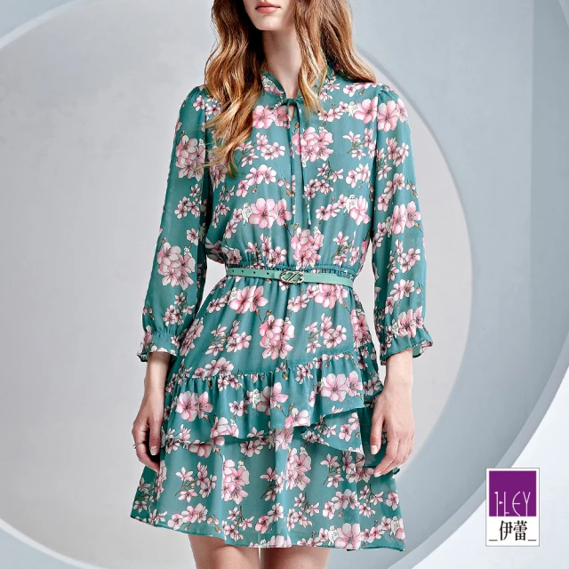ILEY 伊蕾 復古花卉荷葉領蛋糕裙膝上洋裝(綠色；M-XL；1233017436)