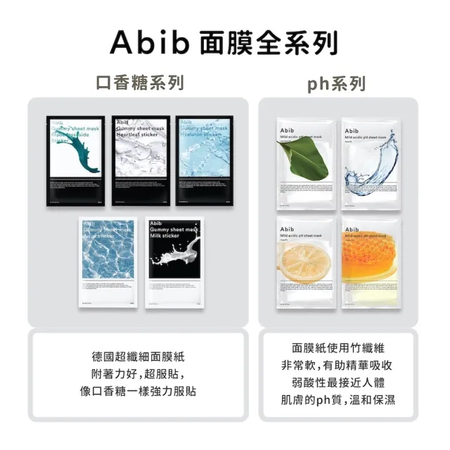 【Abib 阿彼芙】PH弱酸性面膜 10入/盒(魚腥草/水庫/柚子/蜂蜜/復活草_平行輸入)