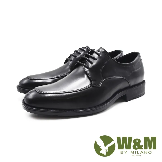 【W&M】男 小方頭光澤真皮輕量型皮鞋 男鞋(黑色)