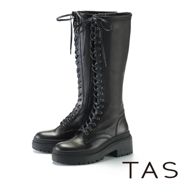 【TAS】雙皮質拼接綁帶厚底長靴(黑色)