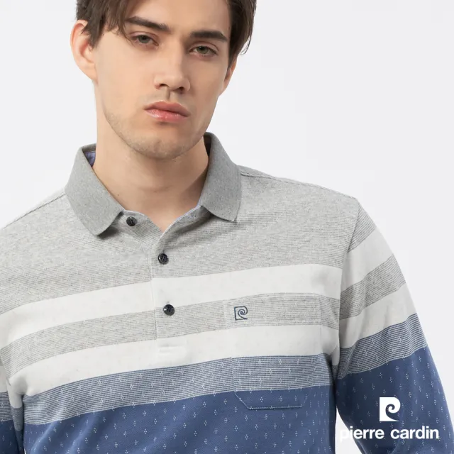 【pierre cardin 皮爾卡登】休閒服飾 男款 仿棉雙面緹花格子長袖polo衫-灰色(5235201-95)