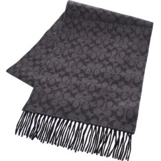 【COACH】黑灰經典LOGOx素面羊毛雙面用流蘇圍巾