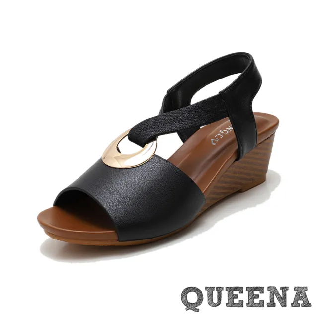 【QUEENA】坡跟涼鞋 羅馬涼鞋/復古典雅金屬圓釦造型坡跟羅馬涼鞋(黑)