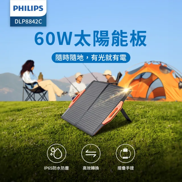 【Philips 飛利浦】60W折疊太陽能充電板 DLP8842C(車宿/露營/戶外)