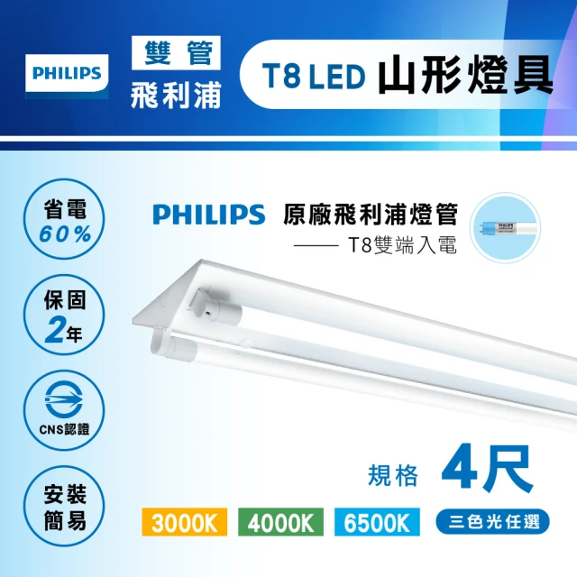 【Philips 飛利浦照明】T8 山型燈具 四呎雙管 日光燈座 含燈管 雙管山型燈(1入組)