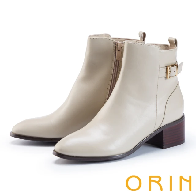 ORIN 真皮釦帶金屬環羊皮粗跟短靴(米白)好評推薦