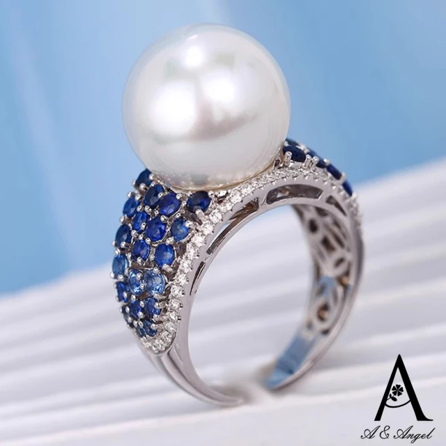 ANGELANGEL 法式巴洛克珍珠寬版藍鑽彈性開口戒指(藍色)