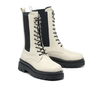 【MISS 21】率性復古少女牛皮切爾西綁帶厚底中筒靴(米白)