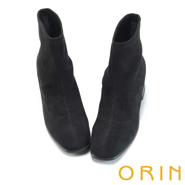 【ORIN】輕奢彈力方頭粗跟貼腿短靴(黑色)