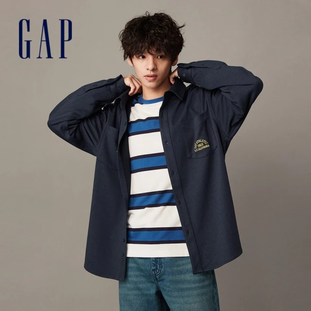 GAP 男裝 Logo純棉翻領長袖襯衫-藍色(891052)