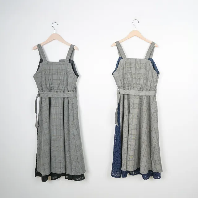 【CUMAR】格紋&蕾絲異素材拼接背心無袖洋裝(藍 咖)