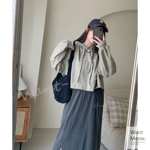 【Want-Meow】90公斤可穿/韓系連帽短版束口T(長袖上衣/大學T/連帽/大碼/大尺碼/加大碼)