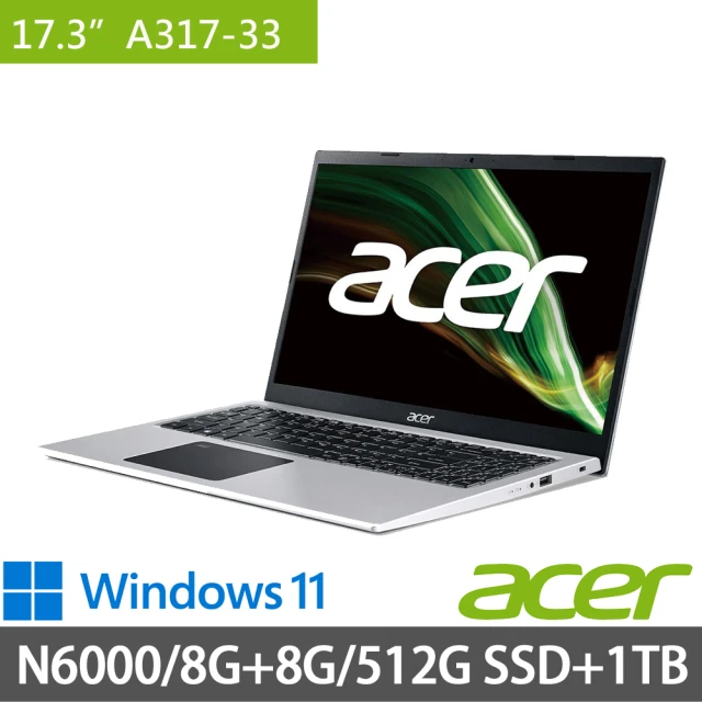 Acer 宏碁 17.3吋輕薄特仕筆電(A317-33/N6000/8G+8G/512G SSD+1TB/Win11)