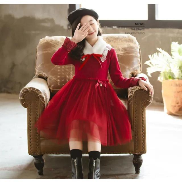 【橘魔法】酒紅毛絨長袖洋裝(連身 洋裝 蕾絲毛領可拆 連身裙 女童 兒童 童裝 大童 過年 聖誕 保暖)
